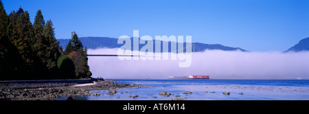 Stanley Park, Lions Gate Bridge und Vancouver Hafen im Nebel in Vancouver British Columbia Kanada Stockfoto