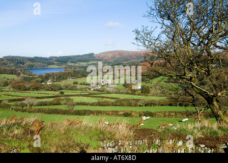 Blick auf die Landschaft von Sheepstor Village und Burrator Reservoir am Dartmoor an einem Wintermorgen. South Devon, Großbritannien Stockfoto