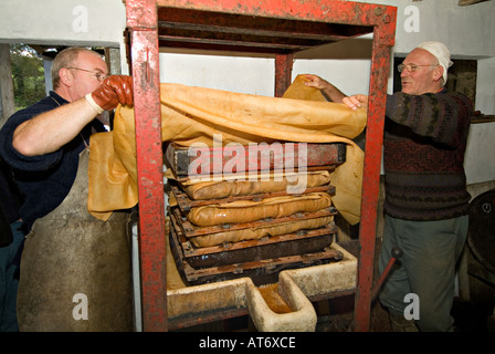 Ein Bauer, der Äpfel in einer kleinen Presse presst, um Apfelwein und Jiuce zu machen. Devon, Großbritannien Stockfoto