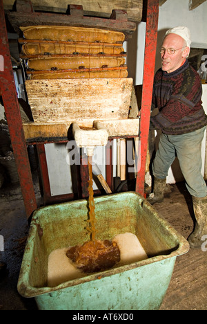 Ein Bauer, der Äpfel in einer kleinen Presse presst, um Apfelwein und Jiuce zu machen. Devon, Großbritannien Stockfoto