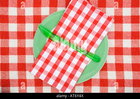 Rot und weiß überprüfen Picknick Tischdecke, auf einen Teller, full-frame Stockfoto