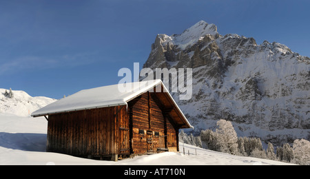 Hohen alpinen Kuhstall im Winter mit dem Wetterhorn-Berg in der Ferne. Stockfoto