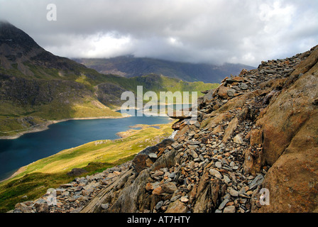 Llyn Llydaw Ansicht von Lliwedd Bach. Snowdonia-Nationalpark Stockfoto