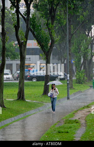 Frau mit Regenschirm im Regensturm, Singapur Stockfoto