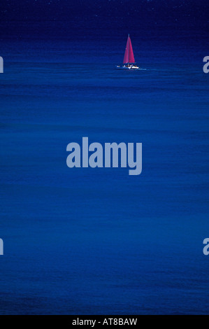 Glänzendes blaue Wasser umgibt vollständig weißen Katamaran kreuzen vor der Küste von Waikiki mit wogenden Fuschia rosa Stockfoto