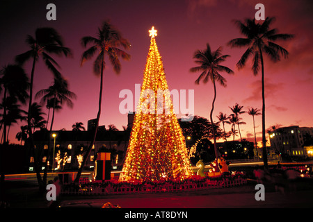Honolulu Hale (Rathaus) an Weihnachten mit Lichtern und Palmen, Oahu Stockfoto