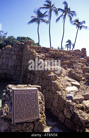 Die Stein Ruinen von "The Old Fort" in Lahaina mit hohen Palmen im Hintergrund. Stockfoto