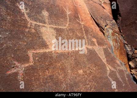 Gut erhaltene Native Hawaiian Petroglyphen auf einer Felswand in Olowalu, Maui. Stockfoto