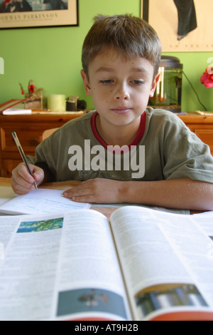 Junge Schule Hausaufgaben zu Hause Notizen aus einer Enzyklopädie Stockfoto