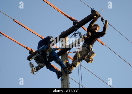 Zwei Elektriker Installation auf einem neuen Strommast Stockfoto