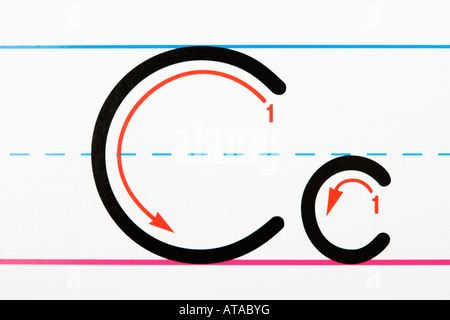 Nahaufnahme des Buchstaben C Handschrift Übungsseite Stockfoto