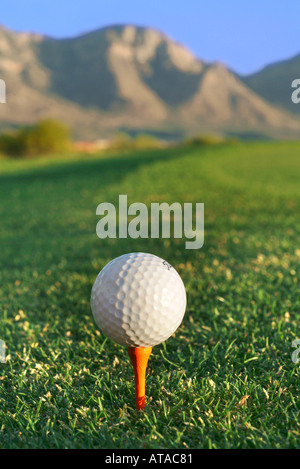 Nahaufnahme eines Golfballs und tee Stockfoto
