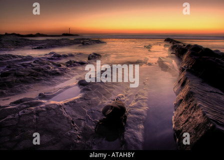 Sonnenuntergang am Strand, Bude, Nordcornwall Summerlease (Summerleaze). Stockfoto