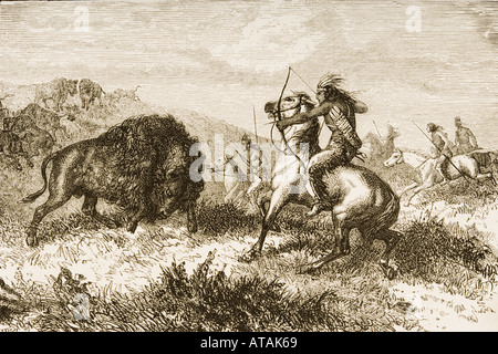 Indianer Büffel jagen. Aus amerikanischen Bilder gezeichnet mit Kugelschreiber und Bleistift von Rev Samuel Manning circa 1880. Stockfoto