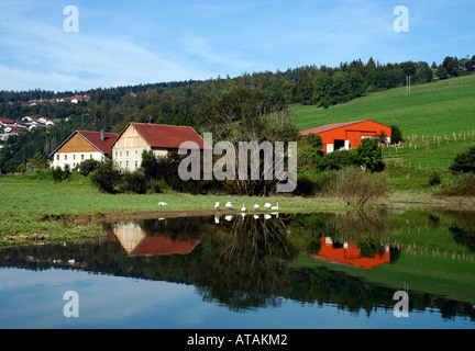 Traditionelle Comtois Bauernhäuser im französischen Jura an den Ufern des Flusses Doubs, wo es blickt auf die Schweiz Stockfoto