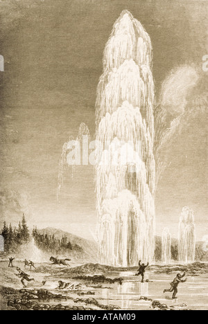 Giantess-Geysir im Yellowstone-Nationalpark in den 1870er Jahren ausbrechenden Stockfoto