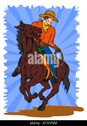 Rodeo Cowboy auf einem Pferd in vollem Galopp Stockfoto