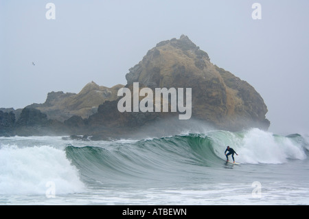 Mann beim Surfen auf die brechenden Wellen neben Küste Felsen im Nebel Pfeiffer Beach Big Sur Küste Monterey County Kalifornien Stockfoto