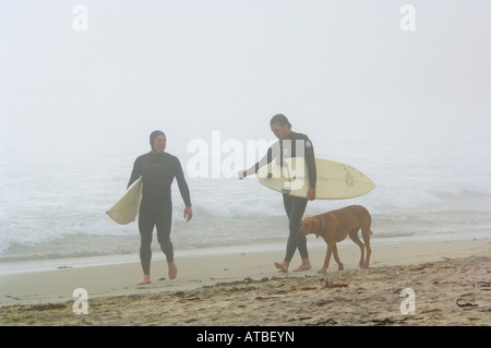 Zwei Surfer Männer halten Surfbretter zu Fuß auf Sand im Nebel bei Pfeiffer Beach Big Sur Küste Monterey County Kalifornien Stockfoto