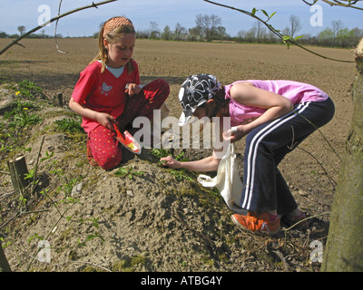 Mädchen sammeln Löwenzahn und Kräuter im Frühling Stockfoto