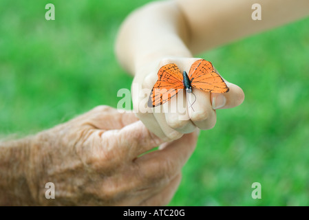 Kind mit Schmetterling auf der Hand, hält Man es finger Stockfoto