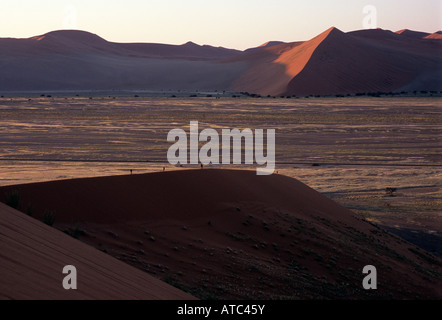 vier Personen zu Fuß auf einer Sanddüne in Namibia, Stockfoto