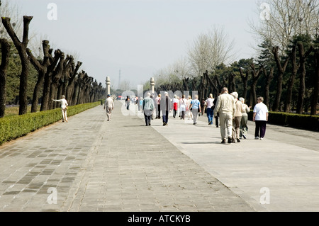 Touristen zu Fuß entlang der Heiligen Straße in Richtung zwei sechseckige Säulen mit abgerundeten Spitzen namens Wang Zhu, Ming-Gräber, China Stockfoto