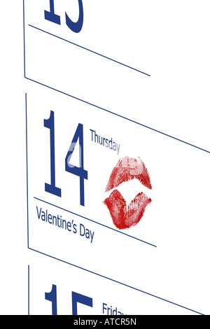 Closeup Kalender Seite zeigt 14. Februar - Valentinstag mit rotem Lippenstift print Stockfoto