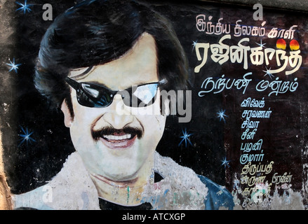 Gemalte Wandbild von Bollywood Tamil Star, Madurai, Tamil Nadu, Südindien Stockfoto