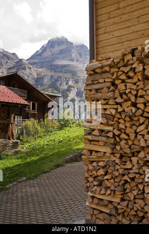 Stapel Brennholz neben Chalet in der Schweiz Dorf Gimmelwald Stockfoto