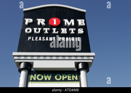 Wisconsin Kenosha County, Pleasant Prearie, Prime Outlets, Schild, Shopping Shopper Shopper shoppen shoppen shoppen shoppen Geschäfte Markt Märkte Marktplatz kaufen verkaufen, Einzelhandel sto Stockfoto