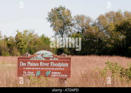 Wisconsin Kenosha County, Pleasant Prairation, des Plaines River Floodplain, Schild, Feuchtgebiet, restauriert, WI061001177 Stockfoto