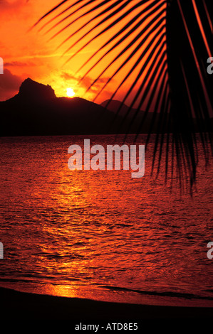 Feurigen Himmel bei Sonnenuntergang über Union Island von Palm Insel der Grenadinen Stockfoto
