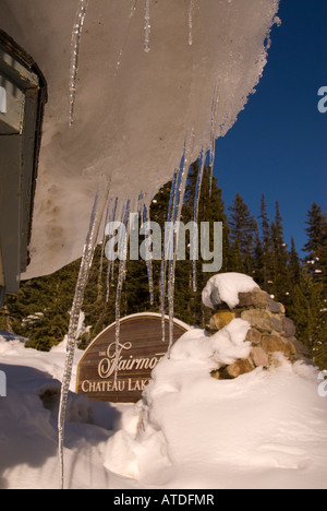 Fairmont Chateau Lake Louise Alberta Kanada Winter Saison Eiszapfen gefrorenen Eis spikes hängt Baum Zweig Gliedmaßen hell funkeln Stockfoto