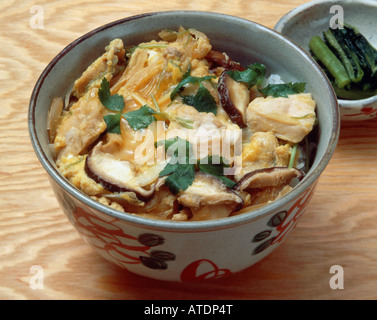 Gedämpfter Reis mit Huhn und dem Ei garniert Stockfoto