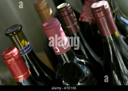 Rote Weine in Flaschen ungeöffnet mit verschiedenen farbigen Folie Spitzen Bild abgewinkelt Stockfoto