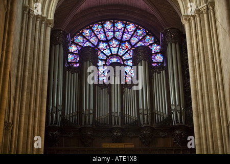 Orgel und Buntglas-Fenster in Notre-Dame, Paris, Frankreich Stockfoto