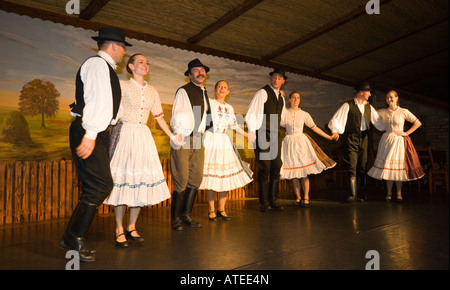 Die Tanzgruppe "Domjan" ausführen in einer Csarda (traditionelle ungarische Taverne) in Budapest / Ungarn Stockfoto