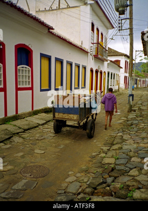 'Keep on Going' Mann Maultier Rad Schubkarre Spaziergang tragen Früchte Kolonialstadt Paraty Rio de Janeiro Brasilien Brasil Süden Lateinamerikas Stockfoto