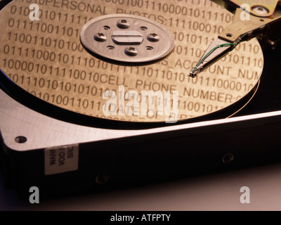 Festplatte (fixed Disk) mit personenbezogenen Daten eingebettet in 1 s und 0 s Reflexion Stockfoto