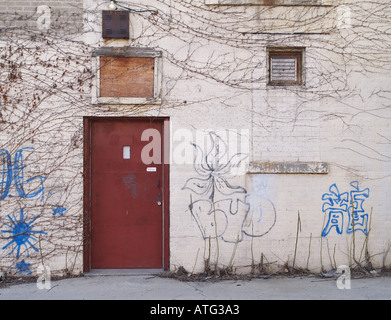 Rückseite des Gebäudes in einer Gasse mit Drogen Graphitti bemalt Stockfoto