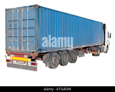 Europäische Flachbett-18-Wheeler mit Metallbehälter Stockfoto