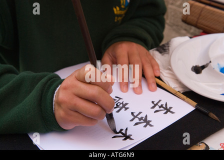 Stock Bild von einer jungen chinesischen Frau schreiben Kalligrafie in Fredericton, New Brunswick Kanada Stockfoto