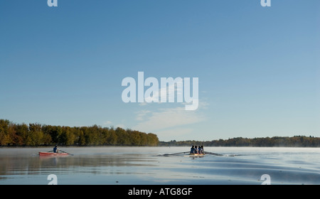 Abbildung des Ruderteam in vier Mann Rudern Shell im frühen Morgenlicht Stockfoto