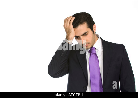 Business-Mann-Leiter in der hand unruhigen Stockfoto