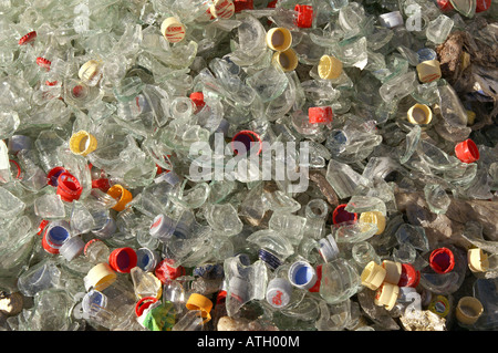 Zerbrochenes Glasflaschen in recycling-Anlage - Zerbrochenes Weißglas weiß / Altglas in Sammelstelle Stockfoto