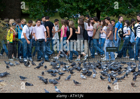 Touristen und Tauben in den Vogel Fütterung Bereich der St James Park in London Stockfoto