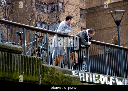 zwei junge Männer beugte sich über Geländer auf Bankside, London uk mit Hund Stockfoto