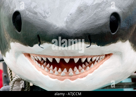 Komödie-Hai-Modell auf Angelboot/Fischerboot mit Lächeln! Stockfoto