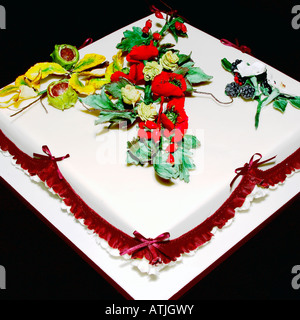 Eine schön gestaltete Hand und individuell eingerichtete Geeiste Frucht-Kuchen in einem Studio mit Flash-Design von Pam Hannon Stockfoto